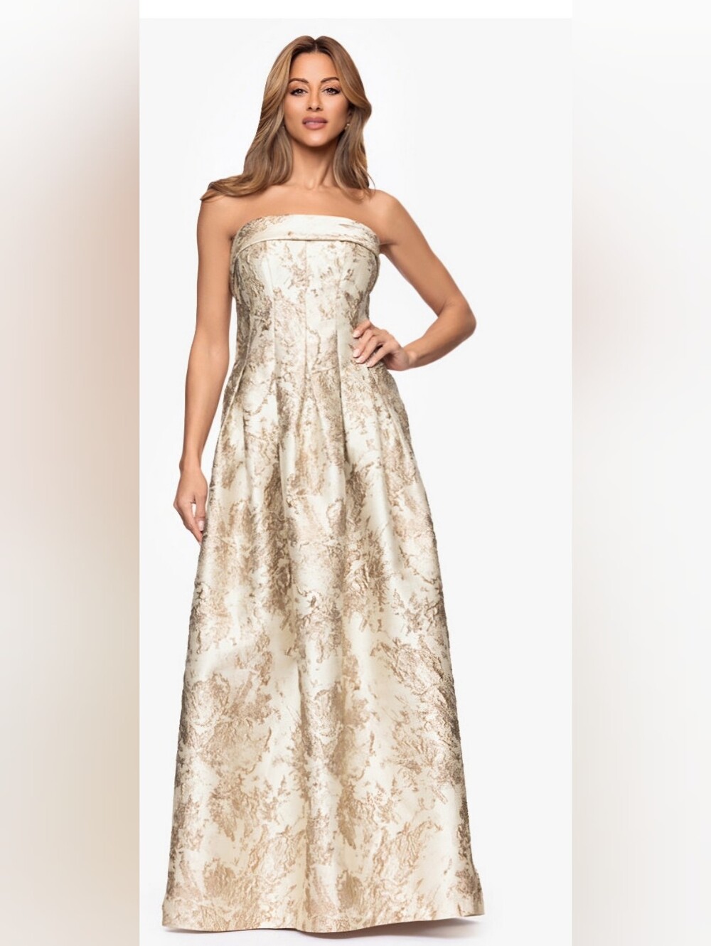 Xscape Strapless Gold and Cream Brocade Gown - Picture 2 of 12